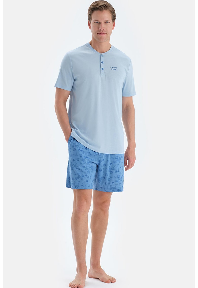 Pijama scurta din amestec de modal cu buzunare - Albastru