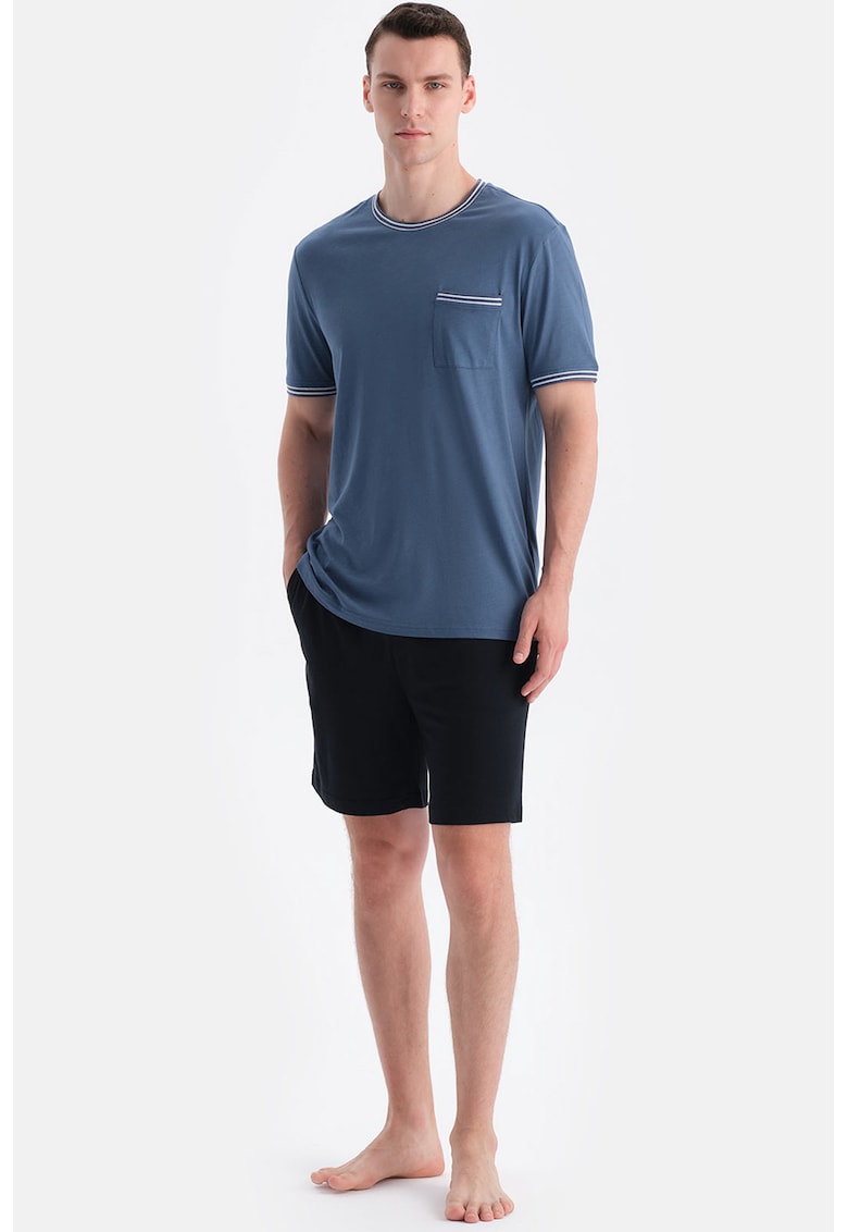 Pijama scurta din amestec de modal cu terminatii contrastante - Negru/Albastru prafuit