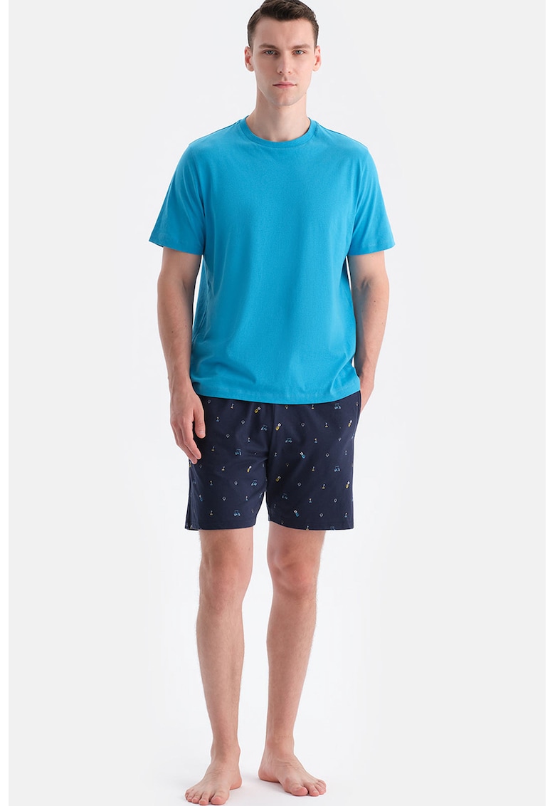 Pijama scurta din bumbac cu buzunare - Albastru glaciar/Bleumarin