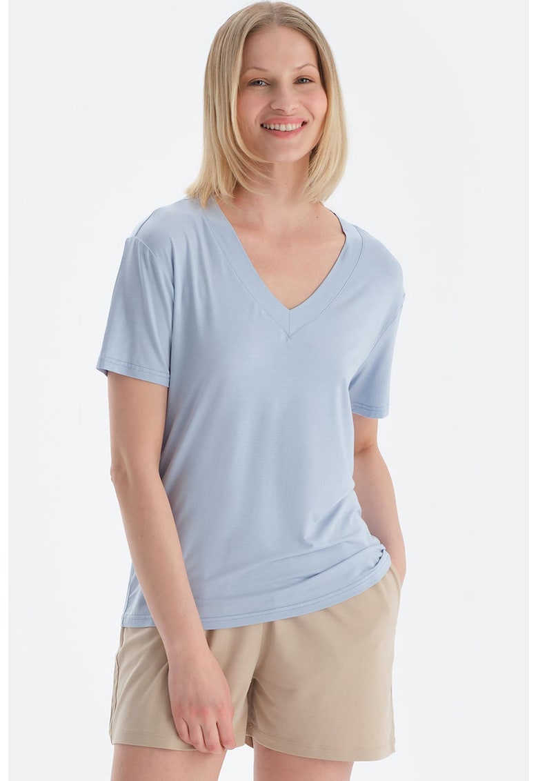 Tricou din amestec de modal cu decolteu in V - Albastru pastel