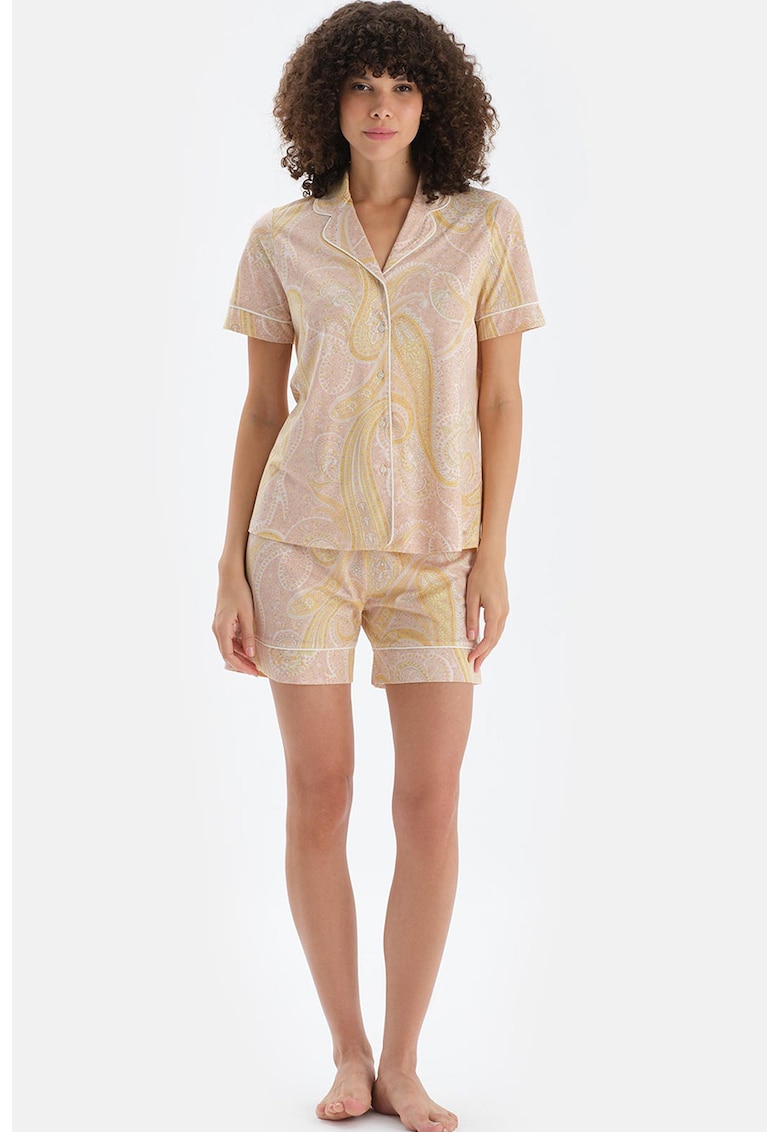 Pijama scurta din amestec de modal cu model etnic - Galben/Portocaliu