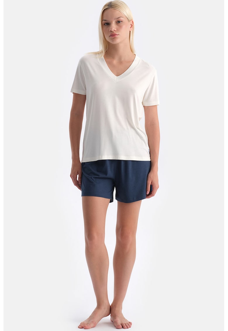 Pijama scurta cu snur de ajustare in talie - Alb/Bleumarin
