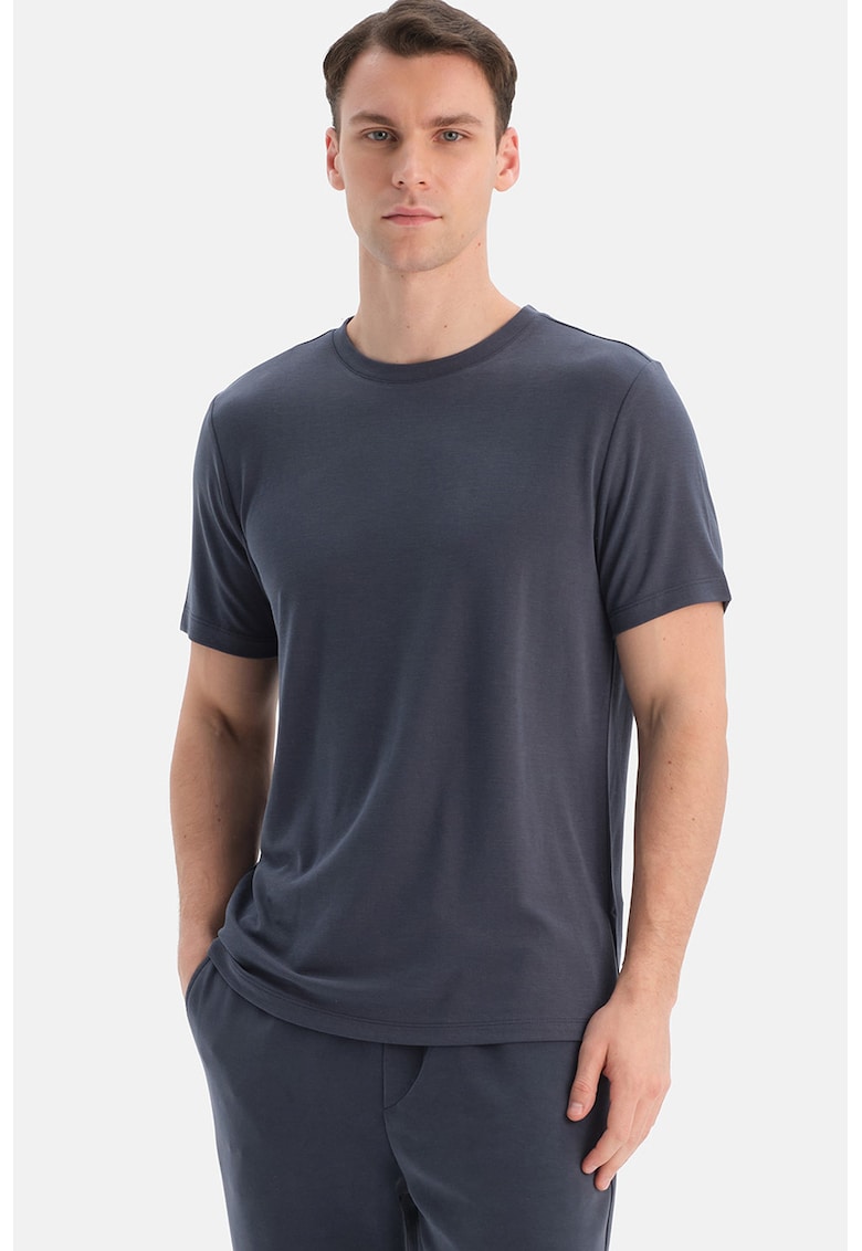 Tricou din amestec de lyocell cu decolteu la baza gatului - Albastru ultramarin