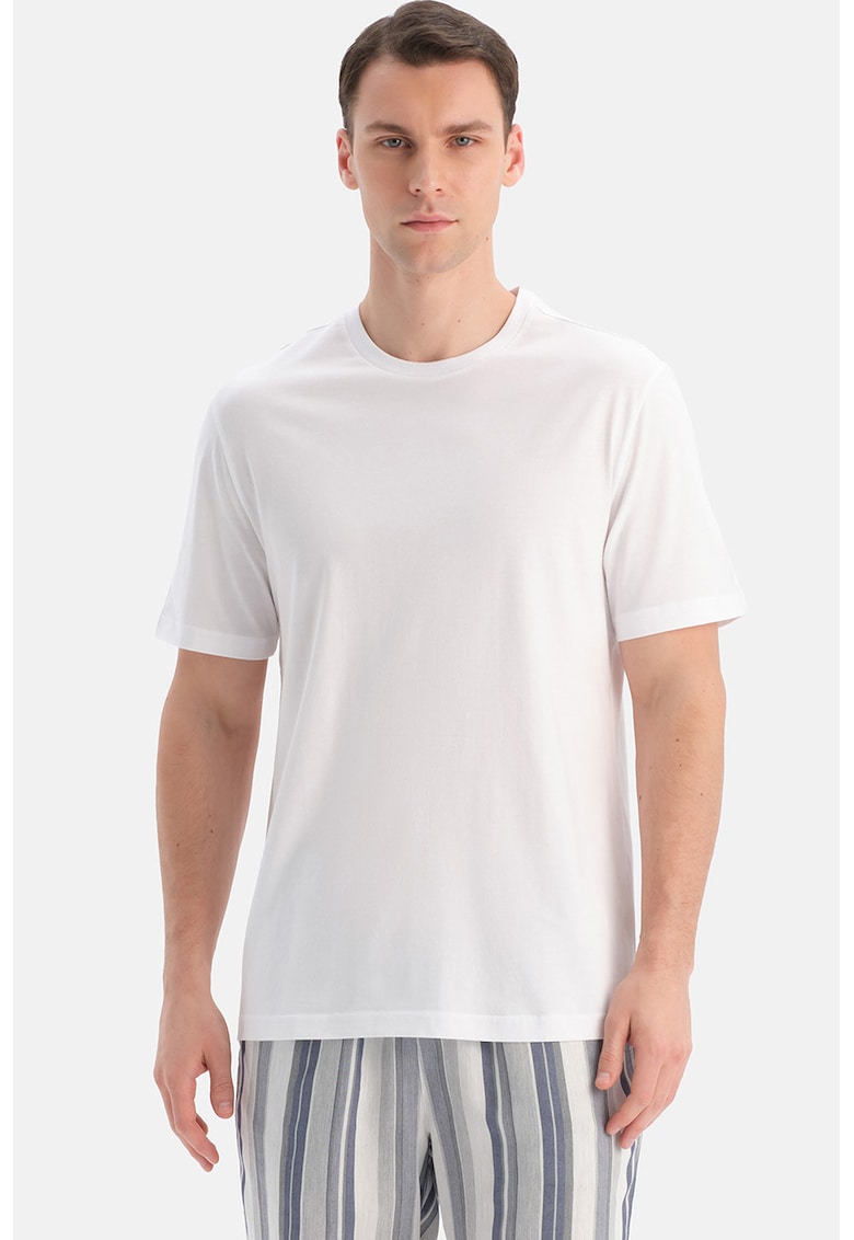 Tricou de pijama cu decolteu la baza gatului si model uni - Alb optic