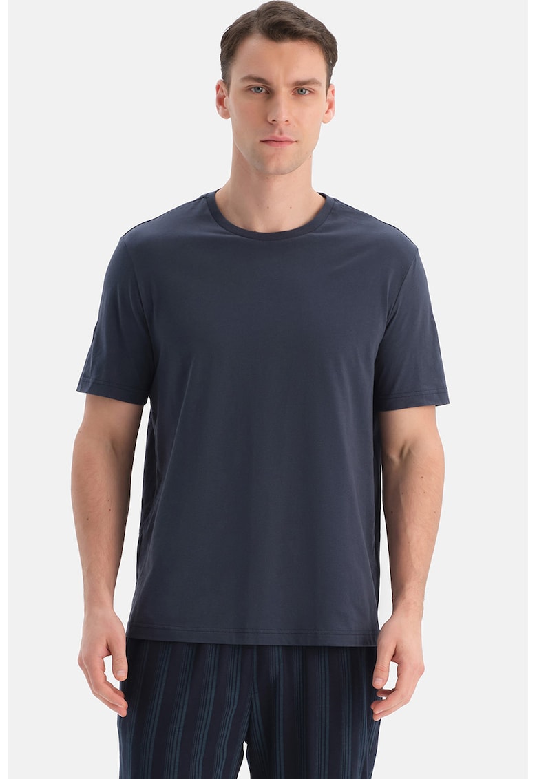 Tricou de pijama cu decolteu la baza gatului si model uni - Albastru ultramarin