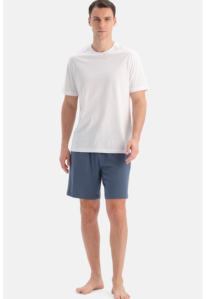 Set de pantaloni scurti de pijama din bumbac si modal - 2 piese - Albastru prafuit/Bleumarin