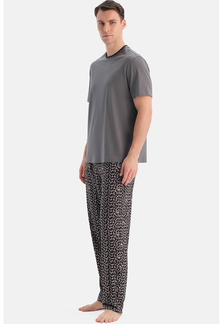 Pijama lunga din bumbac si modal - Negru/Gri