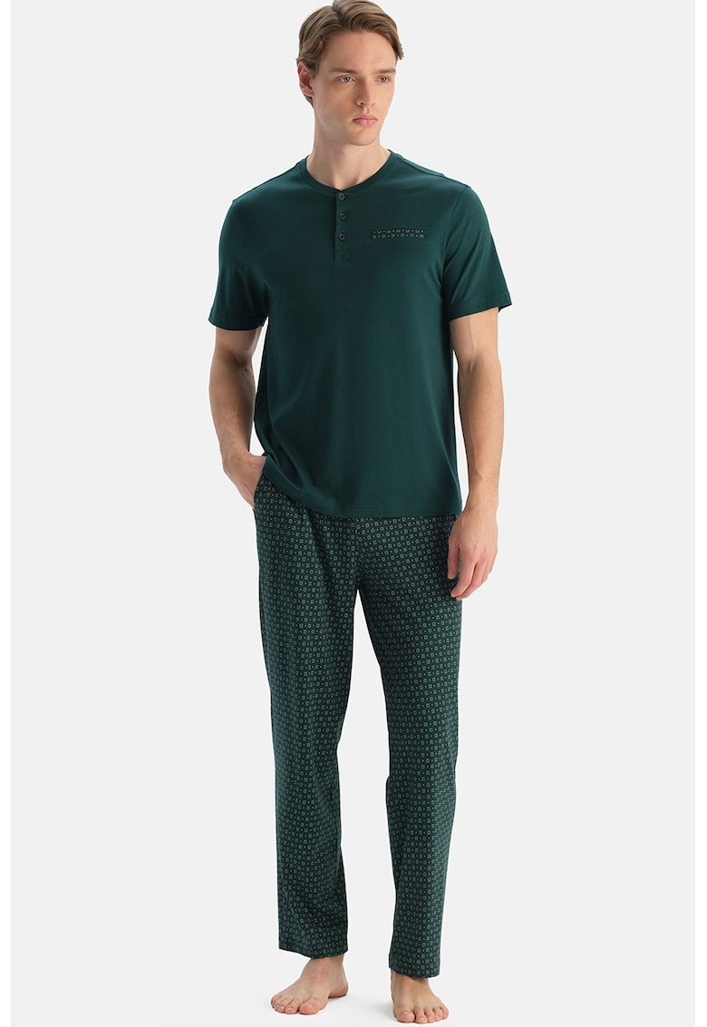 Pijama lunga din bumbac si modal - Verde englez