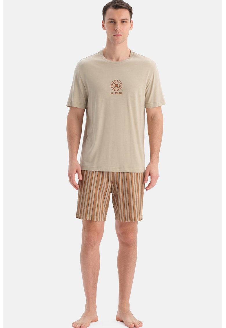 Pijama scurta din bumbac si modal - Bej deschis/Ocru