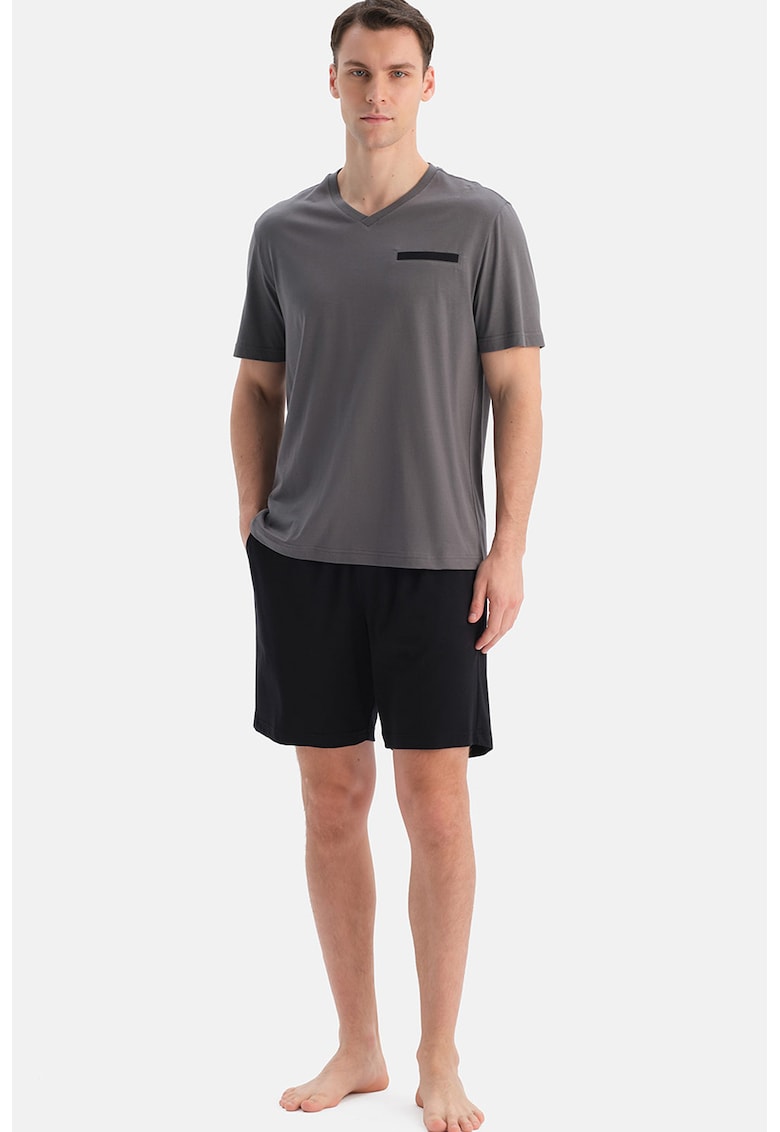 Pijama din amestec de modal cu decolteu in V - Negru/Gri inchis