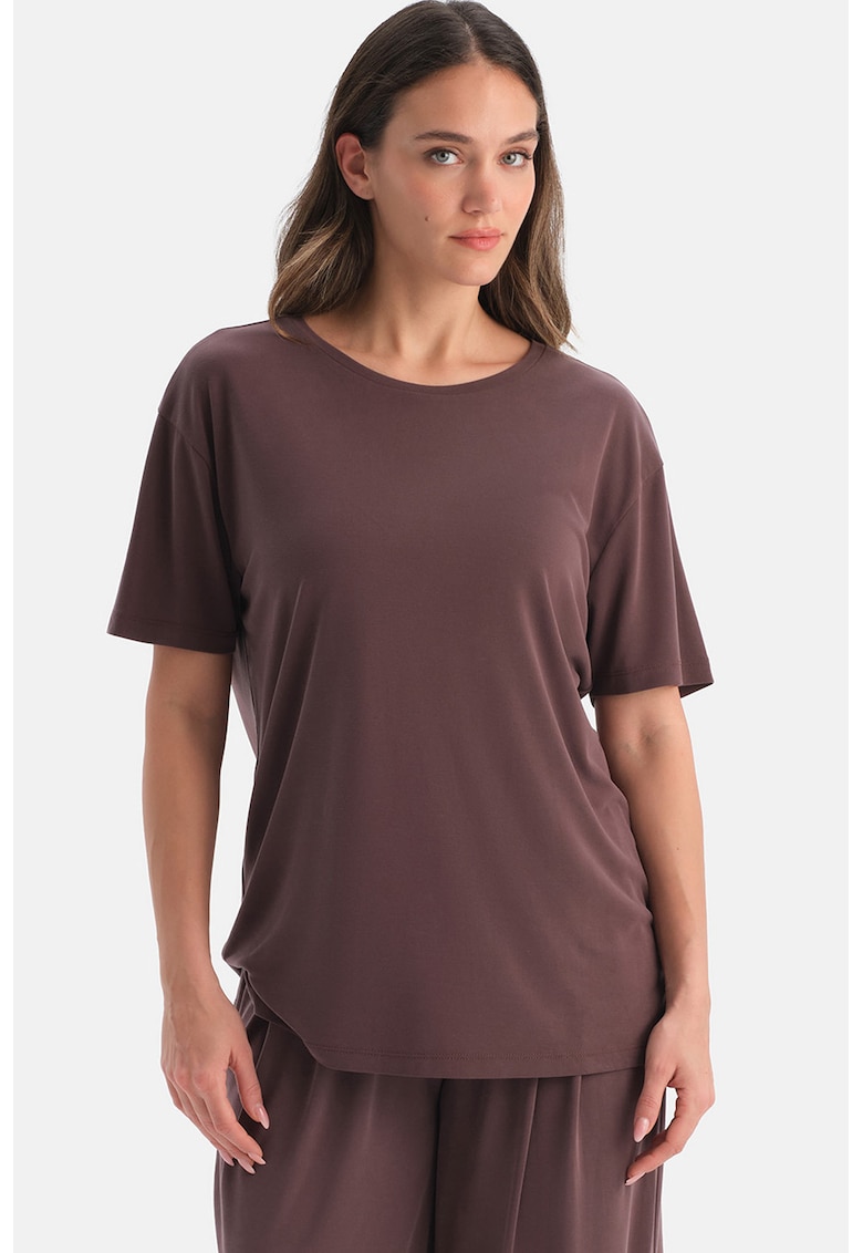 Tricou din amestec de modal cu maneci cazute - Maro pamantiu