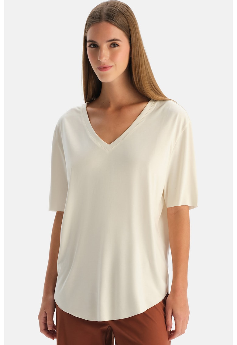 Tricou lejer din amestec de modal cu decolteu in V - Alb murdar