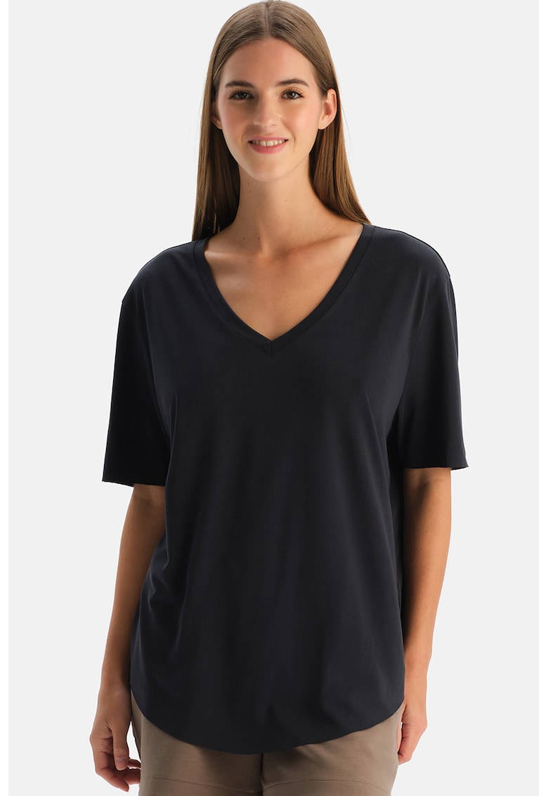 Tricou lejer din amestec de modal cu decolteu in V - Negru