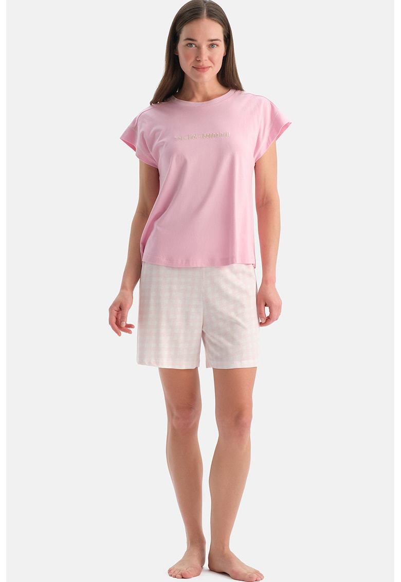 Pijama scurta din bumbac si modal - Alb/Roz pastel