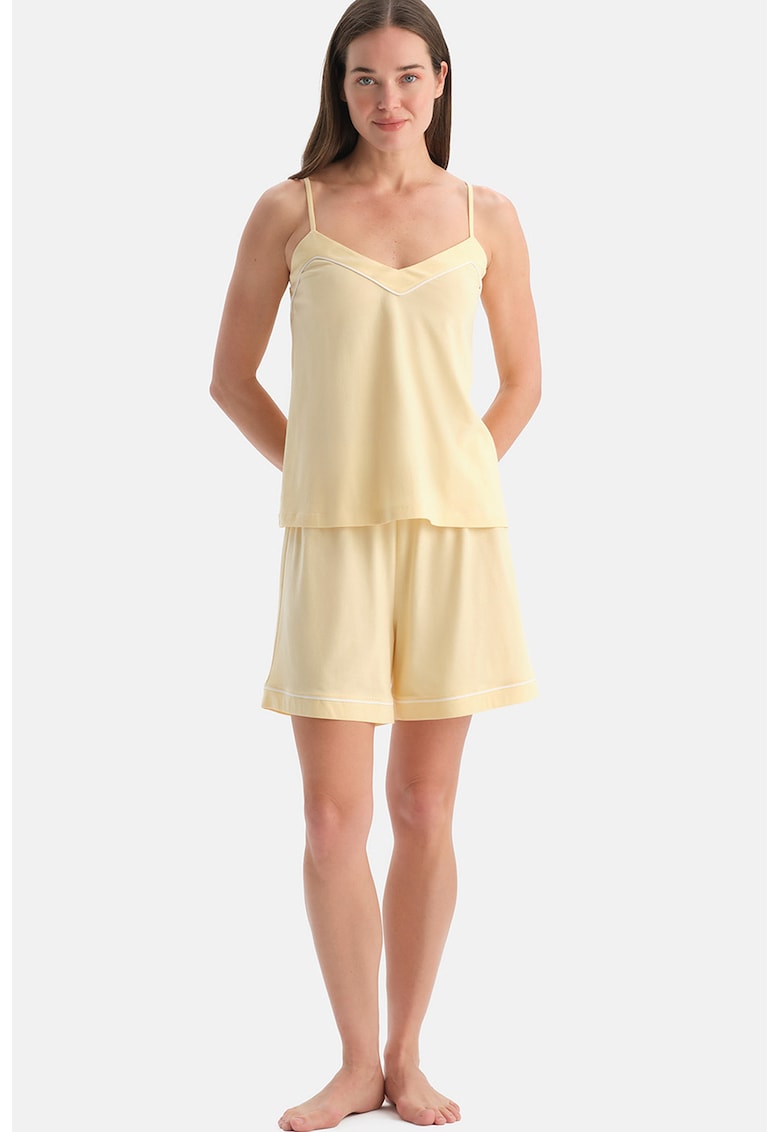 Pijama din bumbac si modal cu bretele inguste - Galben pai