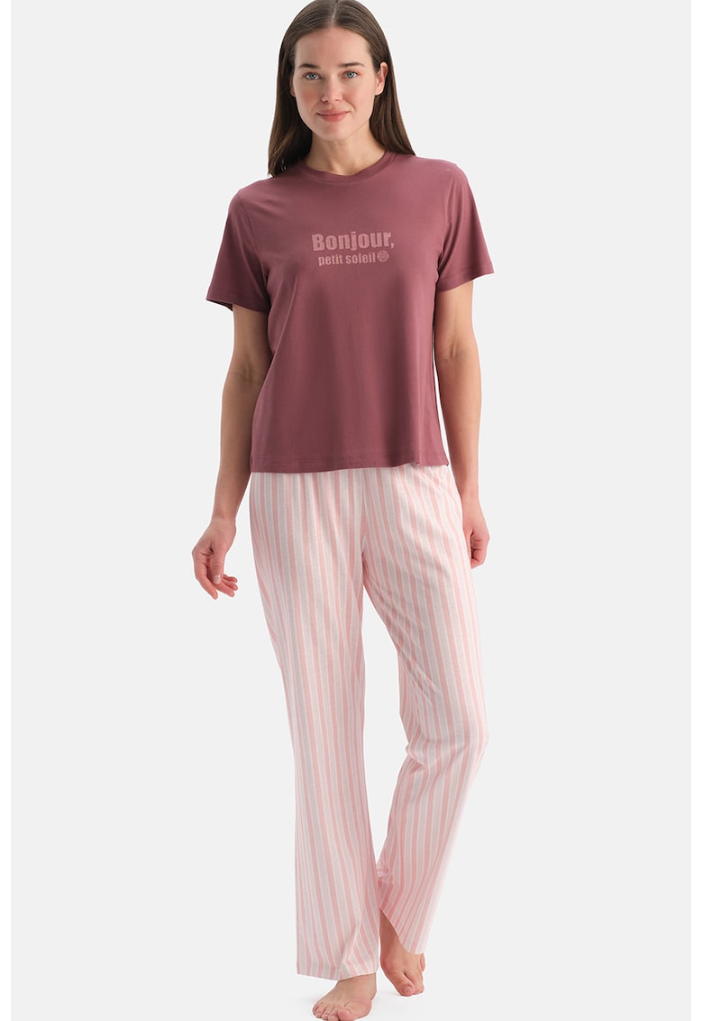 Pijama regular fit cu maneci scurte - Alb/Roz