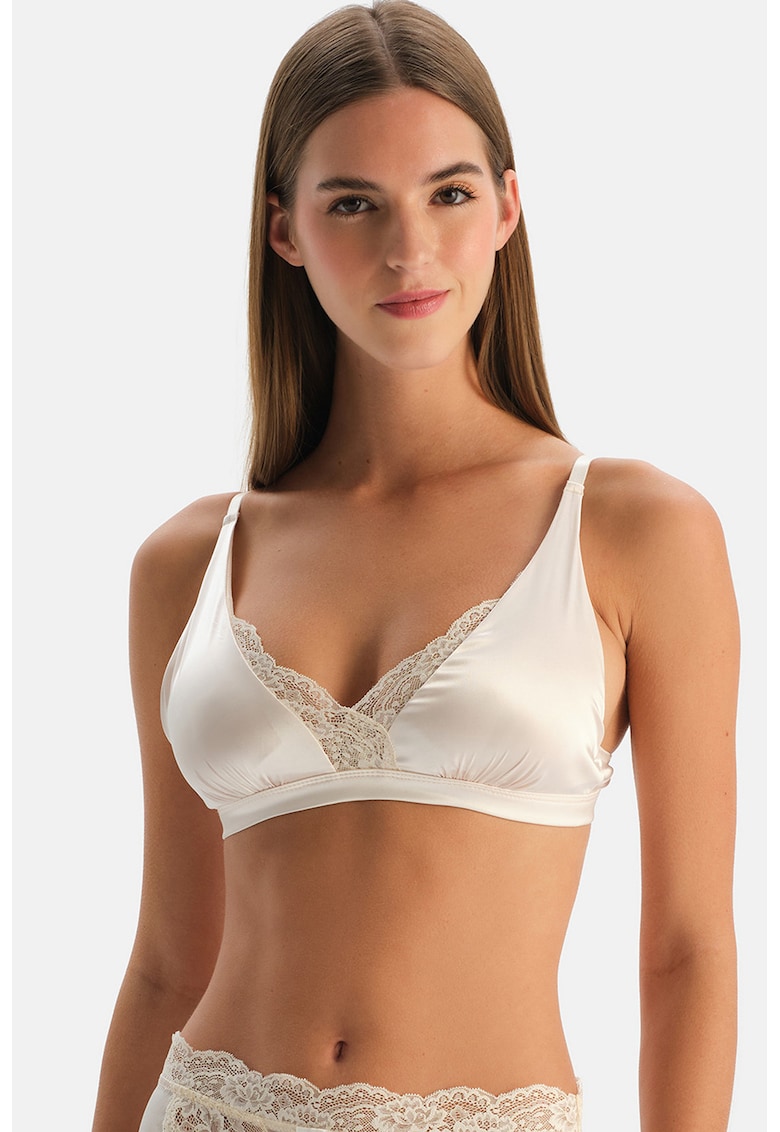 Sutien satinat cu cupe triunghiulare si insertii din dantela - Alb murdar