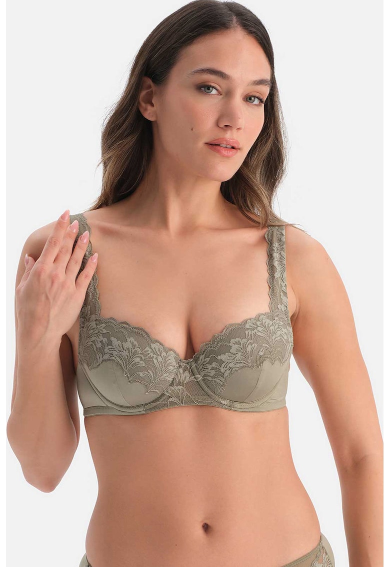 Sutien balconette cu insertii din dantela - Kaki