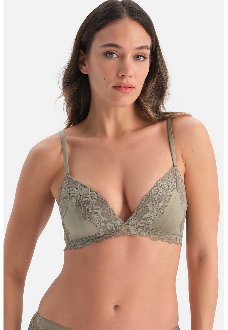 Sutien cu cupe triunghiulare si insertii din dantela - Kaki
