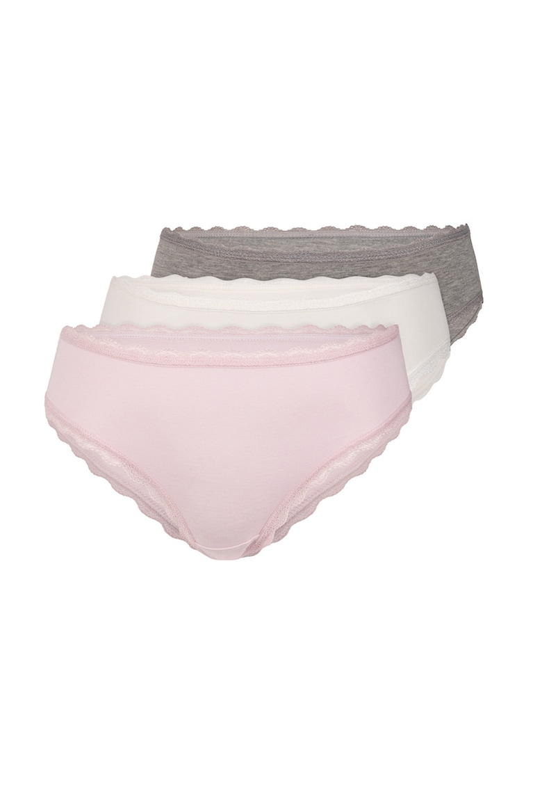 Set de chiloti din amestec de bumbac cu detalii din dantela - 3 perechi - Alb/Gri melange/Roz