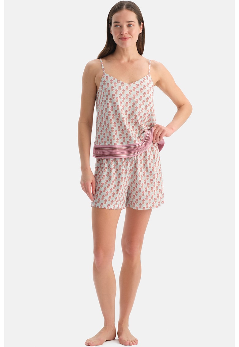 Pijama scurta din amestec de bumbac - Alb fildes/Roz