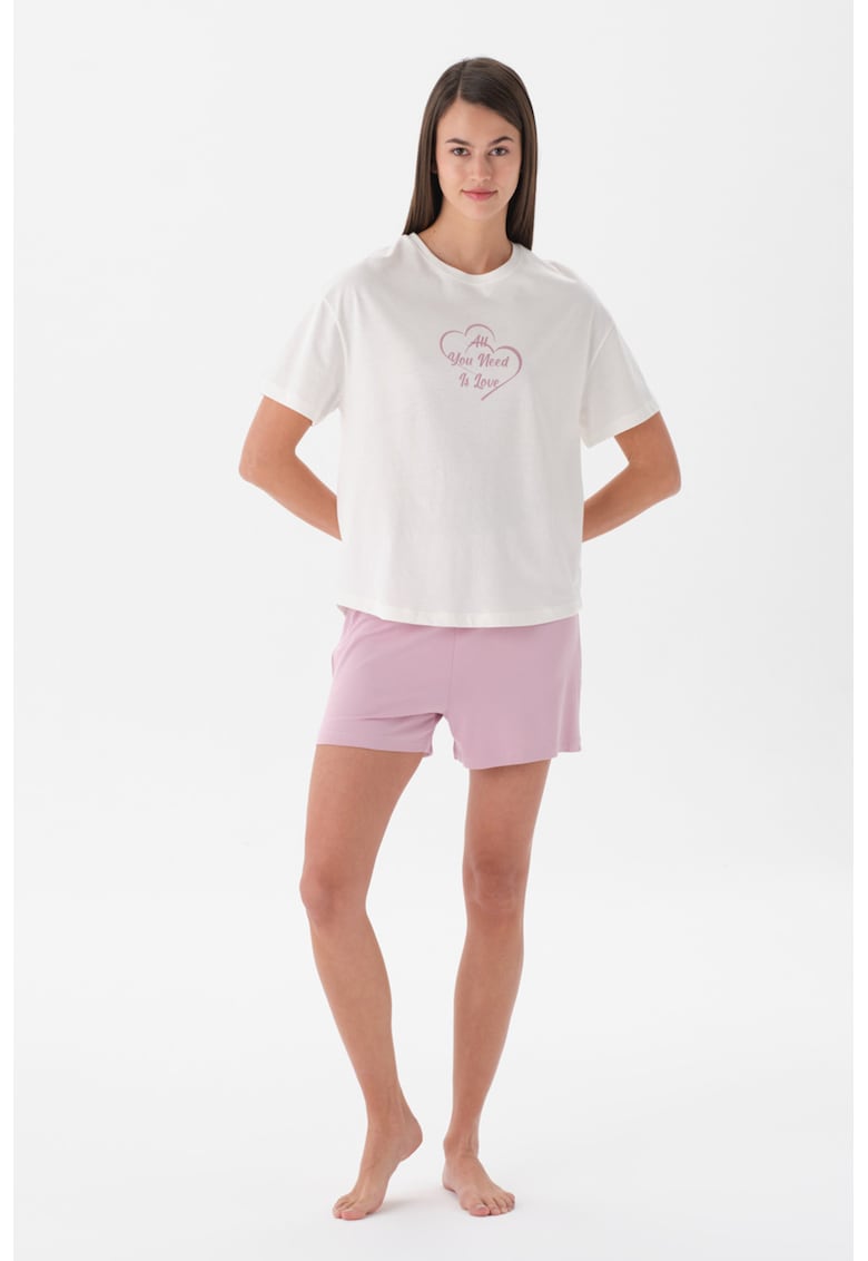 Pijama scurta regular fit din bumbac - Alb/Roz prafuit
