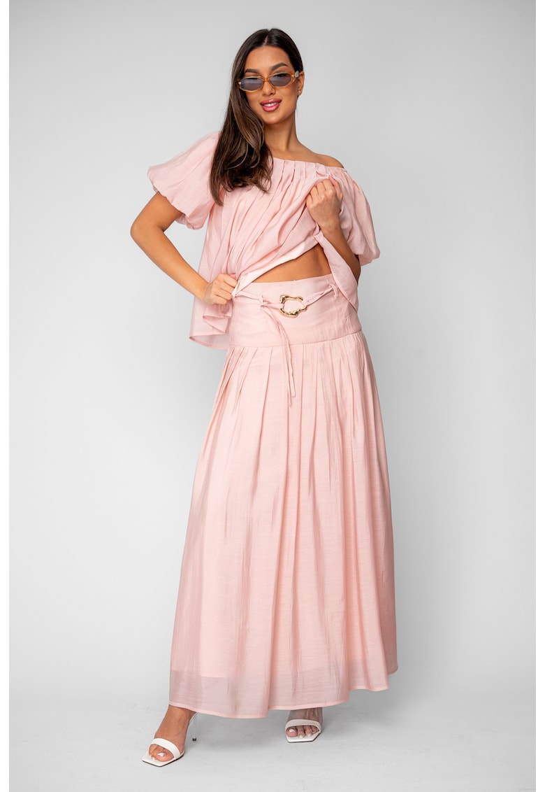 Set Bluza si Fusta lunga din mix de matase Rose Quartz 20862 - Roz prafuit