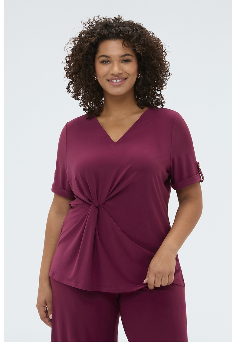 Tricou cu decolteu in V si model cu nod - Roz inchis