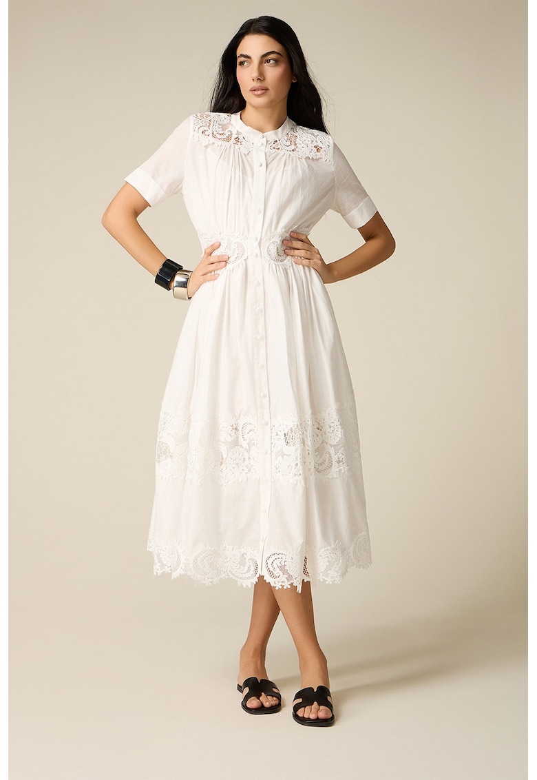 Rochie midi evazata cu insertii din dantela - Alb