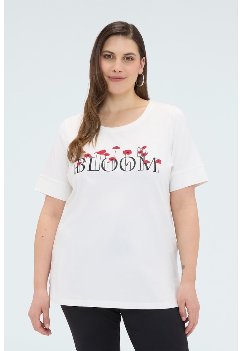 Tricou cu decolteu rotund si imprimeu pe piept - Rosu cireasa/Alb optic