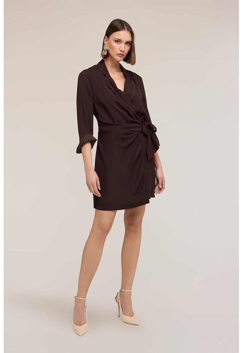 Rochie-sacou cu croiala petrecuta si detalii drapate - Maro inchis