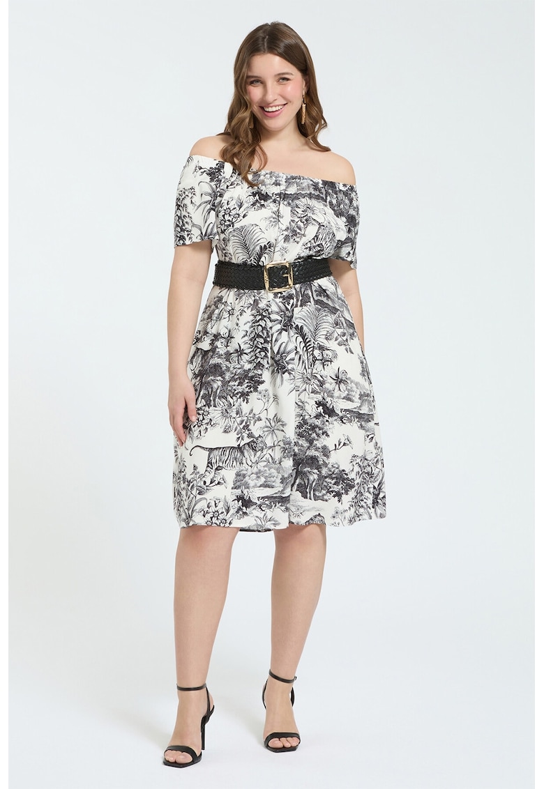 Rochie cu decolteu pe un umar si model floral - Alb/Negru