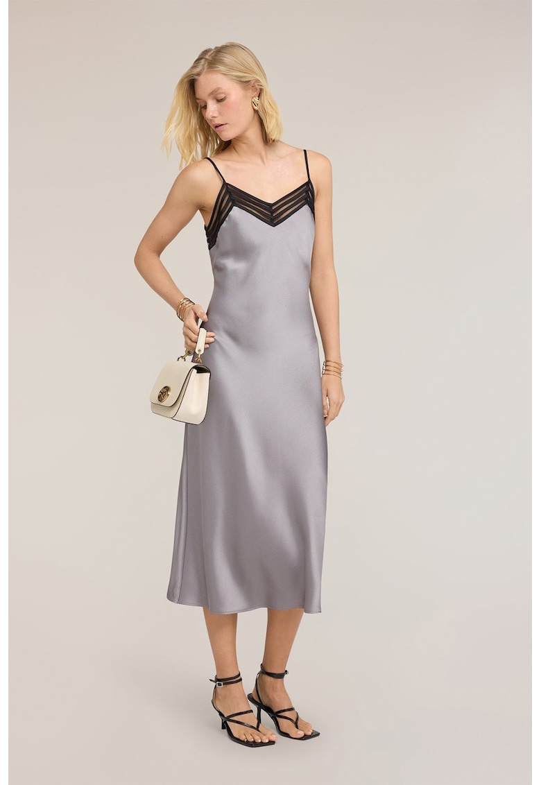Rochie satinata cu decolteu in V - Gri deschis