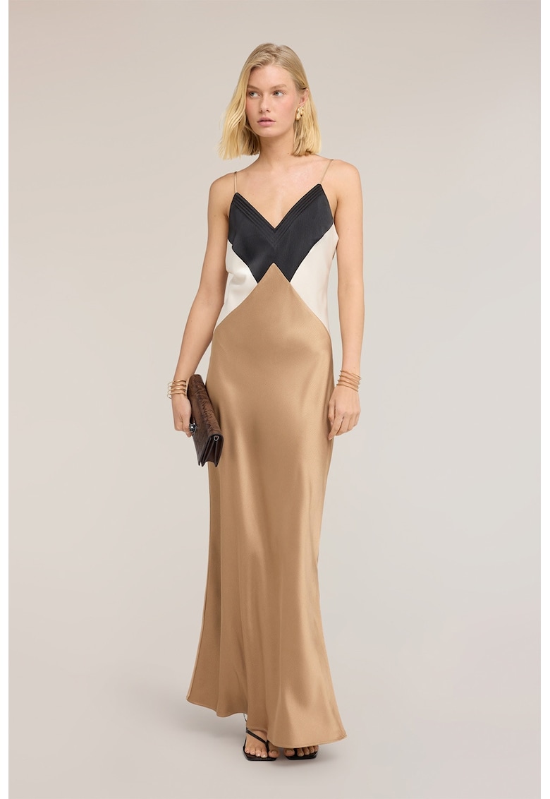 Rochie maxi satinata cu bretele inguste - Alb/Negru/Maro camel