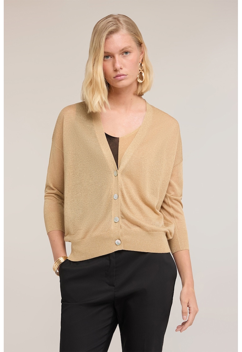 Cardigan cu decolteu in V si aspect stralucitor - Maro camel