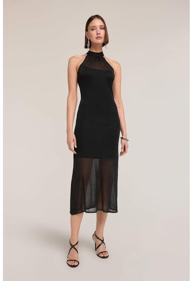 Rochie midi cu decolteu halter si segmente semitransparente - Negru