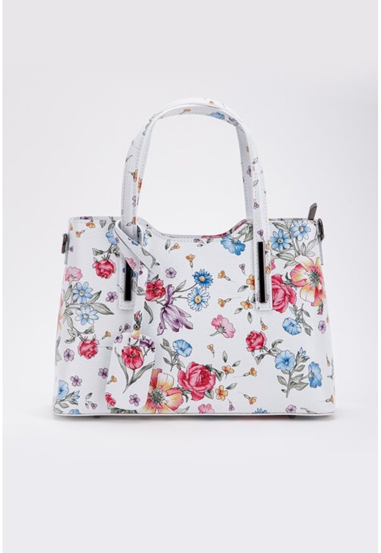 Geanta dama din piele naturala alba cu detalii florale