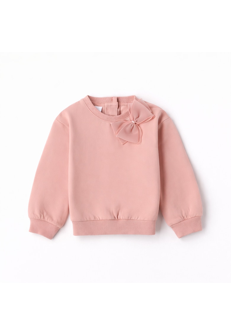 Hanorac fete iDO din bumbac elastic cu interior fleece - imprimeu catelus cu aplicatii si fundita - Roz pudrat