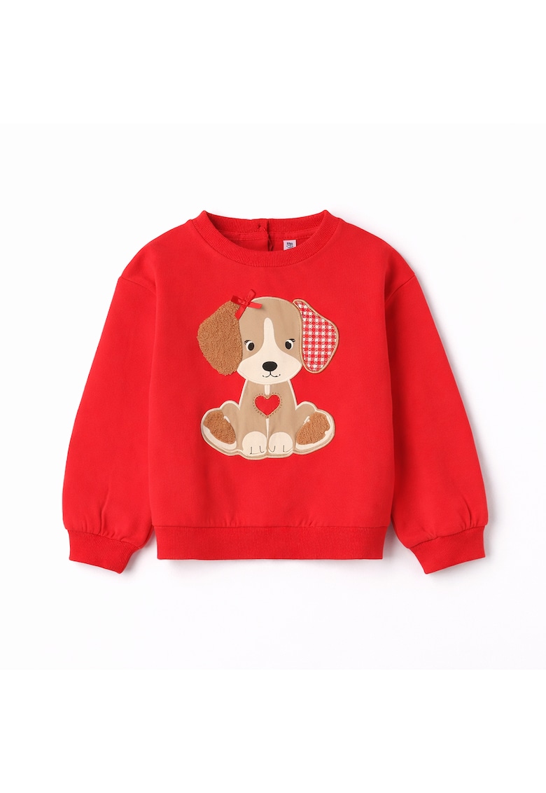 Hanorac fete iDO din bumbac elastic cu interior fleece - imprimeu catelus cu aplicatii si fundita - Rosu