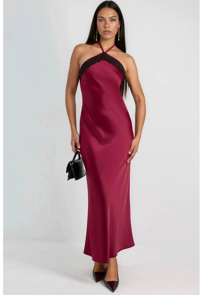 Rochie Maxi - detalii din dantela - rosu - satin
