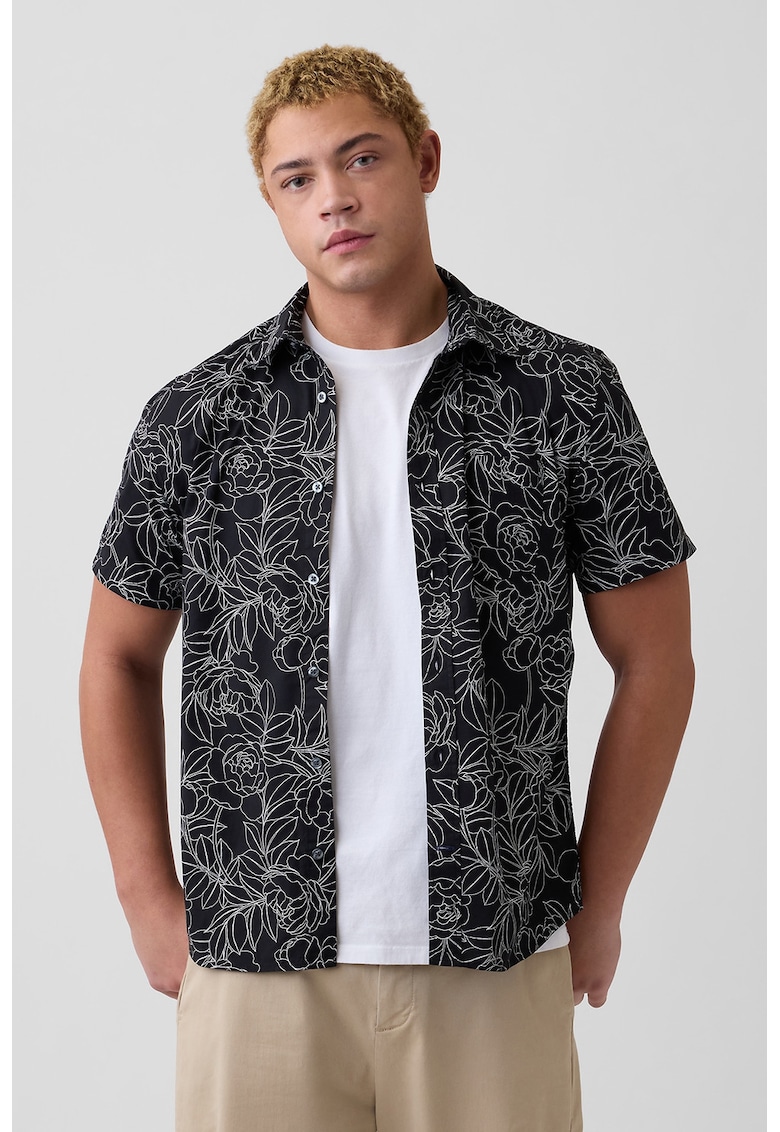 Camasa cu maneci scurte si model floral - Alb/Negru