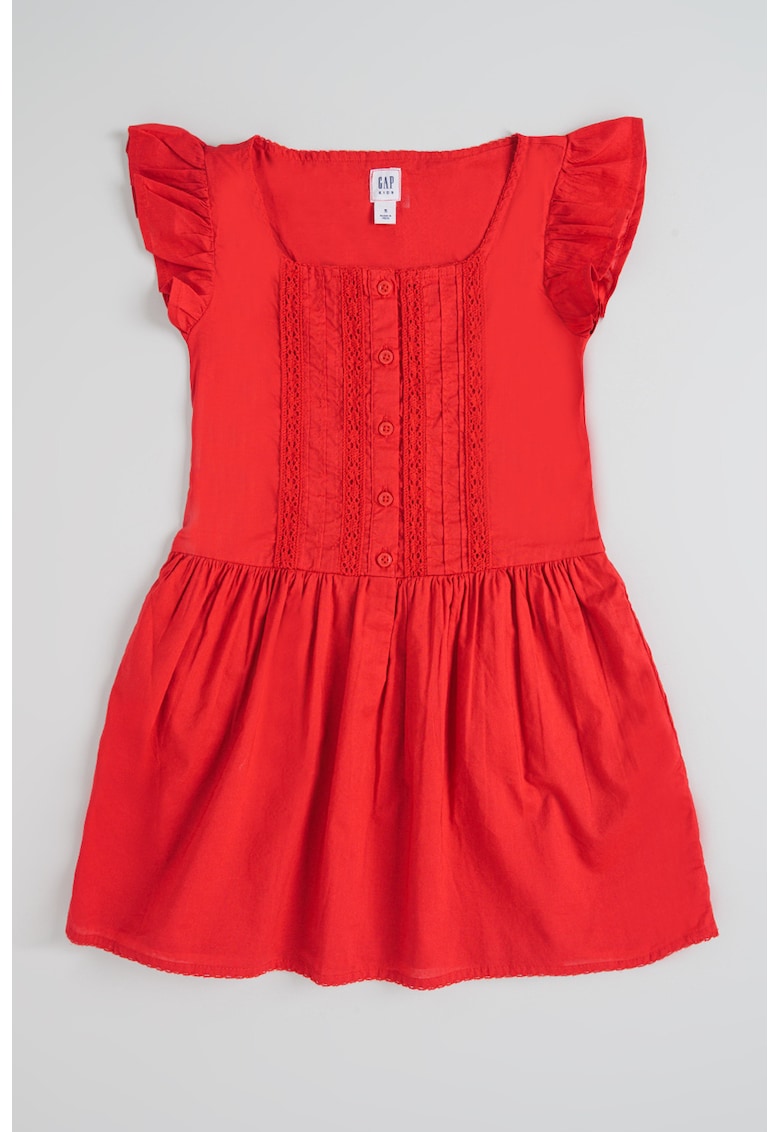 Rochie evazata din bumbac cu maneci cu volane - Rosu