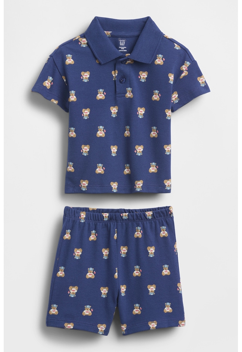 Set de tricou si pantaloni scurti din bumbac si model - Albastru - Crem -