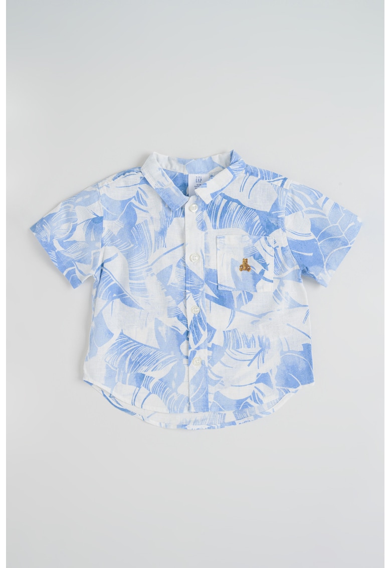 Camasa cu maneci scurte si imprimeu tropical - Albastru pastel/Alb murdar