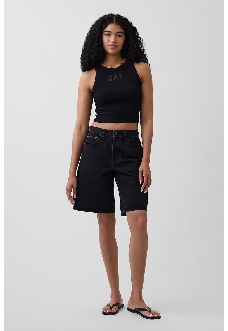 Top crop cu logo si striatii - Negru