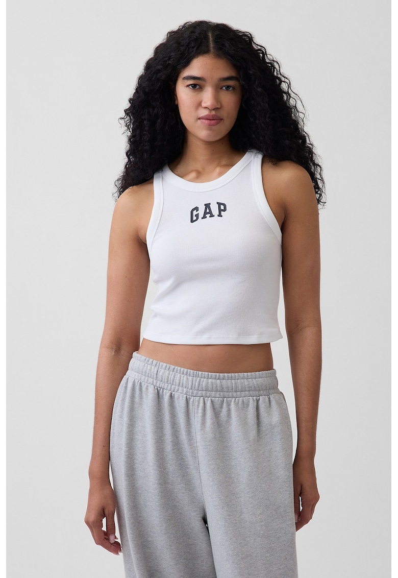 Top crop cu logo si striatii - Alb