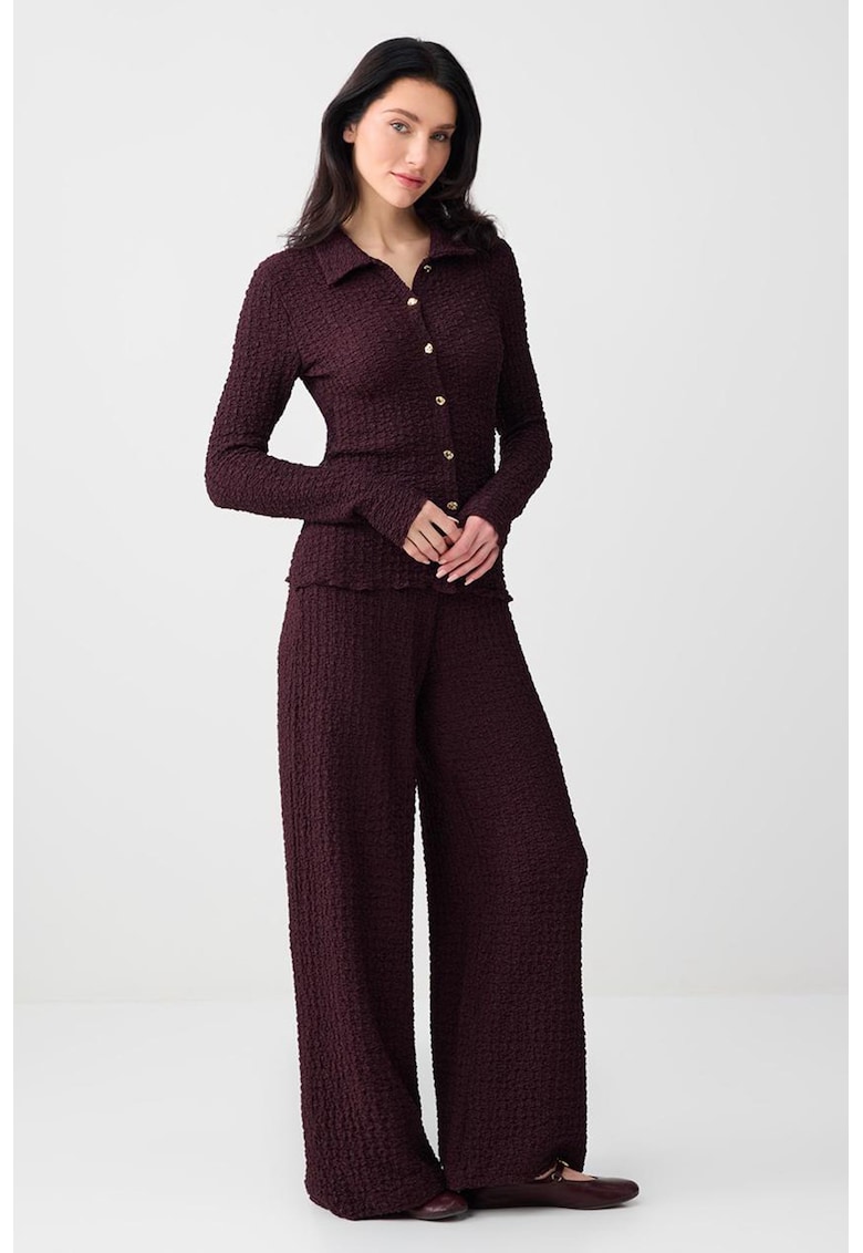 Pantaloni drepti texturati cu talie inalta - Violet pruna