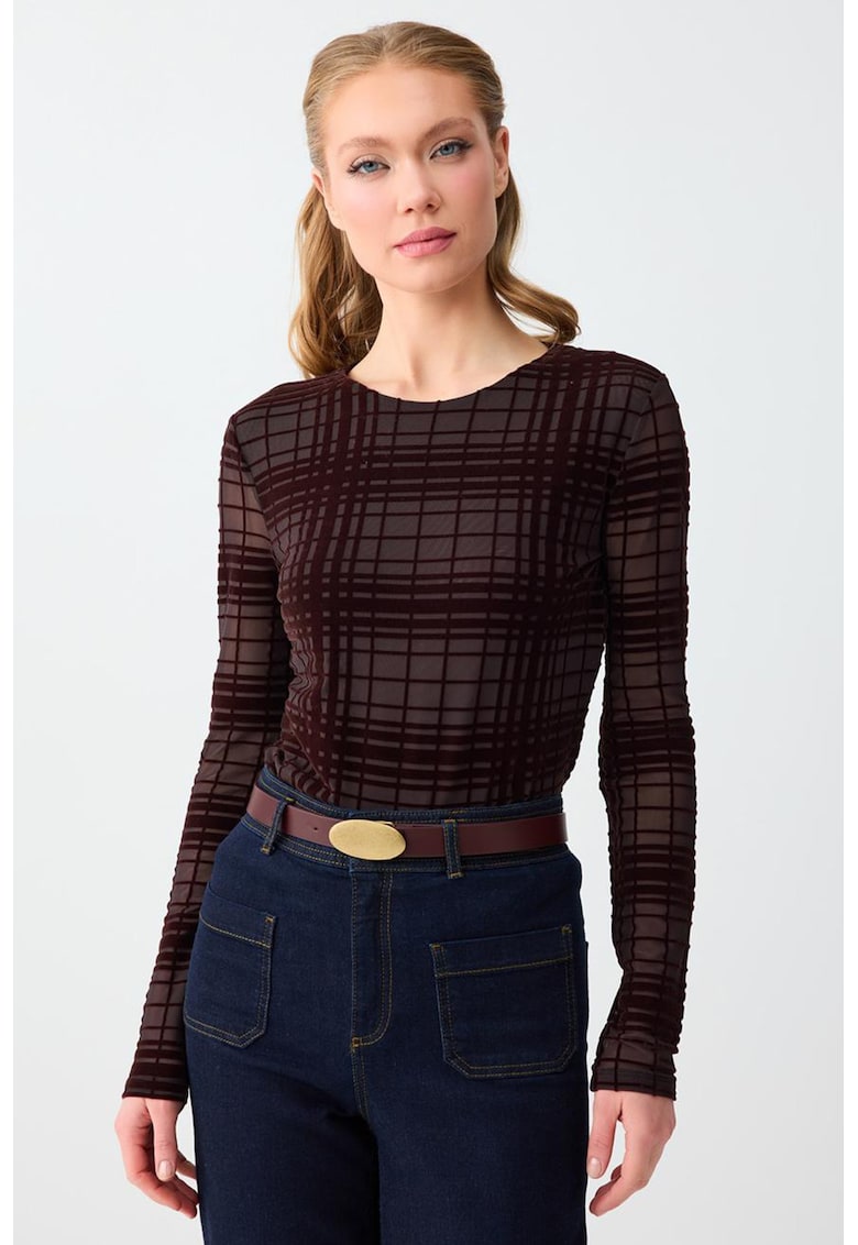 Bluza din plasa cu model in carouri - Maro cognac/Maro pamantiu