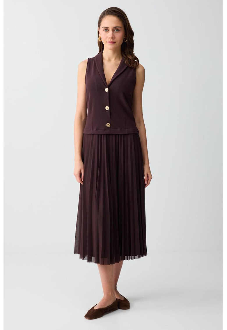 Rochie cu pliuri si aspect 2in1 - Maro cognac