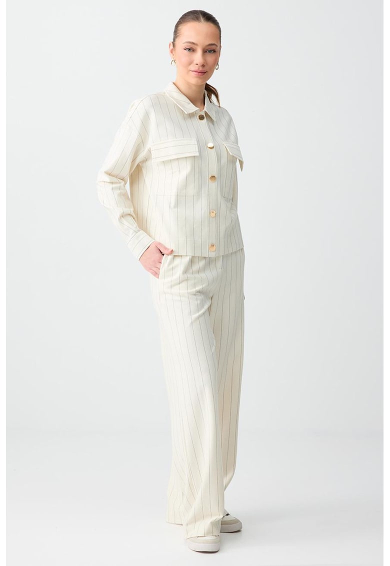 Pantaloni cu talie inalta si model cu dungi discrete - Gri/Alb murdar